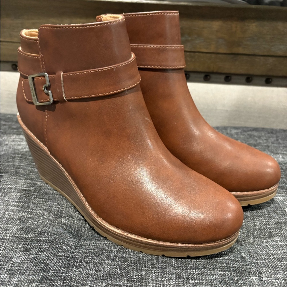 Clarks Brown Ankle Boots with Wedge Heel and Strap Detail